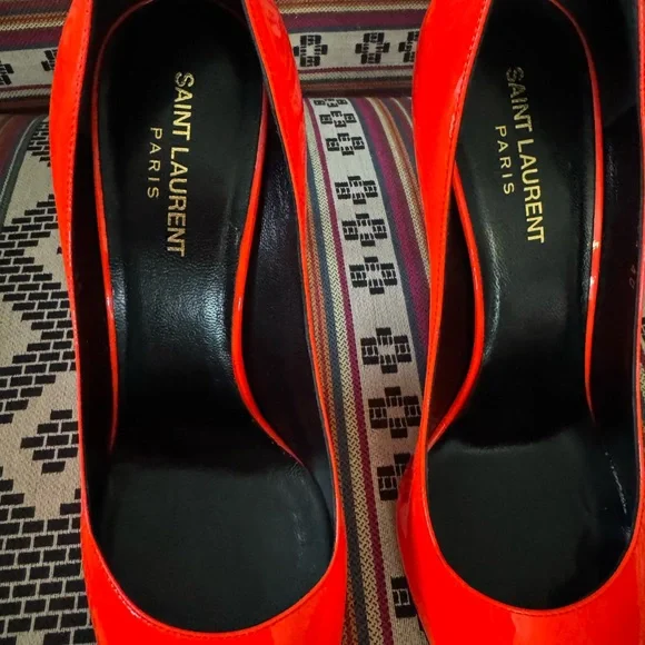 Saint Laurent Glossy Patent Leather Red Orange Heels 40Europe 9.5 US - Picture 15 of 16
